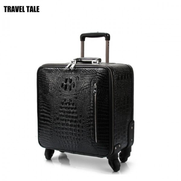 men Genuine Leather retro trolley luggage bag business suitcase with wheels